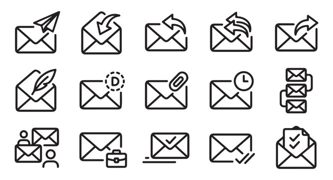 Email and Message Line Icon Set Representing Send, Receive, Reply, Forward, Draft, Attachment, Schedule, and Business Correspondence Vector Icons