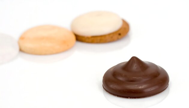 Chocolate and cookies on white background.