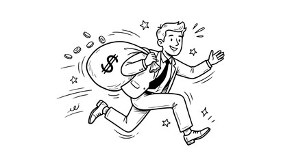 Fototapeta premium A happy businessman running with a large sack of money in a hand drawn cartoon style illustration