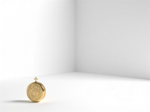 Commercial product photography of a small engraved golden pyx against a pure white copy space