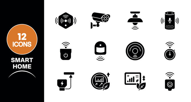 A set of twelve black glyph icons representing various smart home automation technologies and connected devices for modern residential security and energy management systems