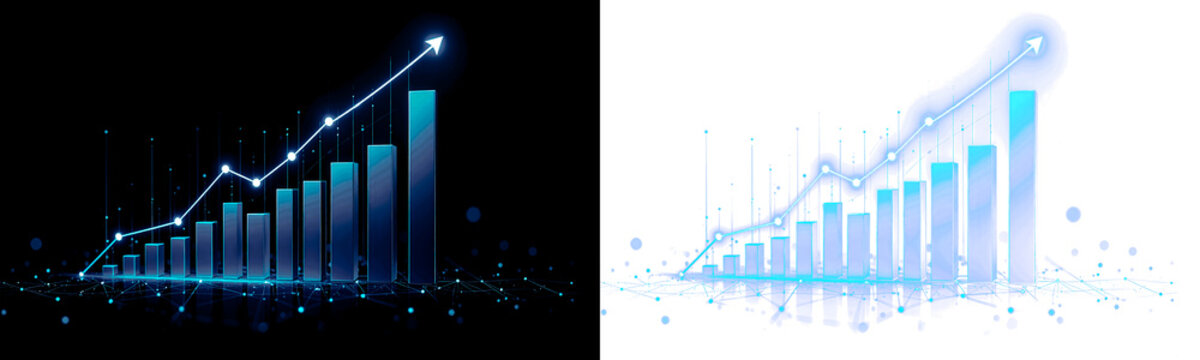 3D digital financial growth chart with glowing upward arrow representing success and profit. High quality PNG element isolated on a transparent background for business design.