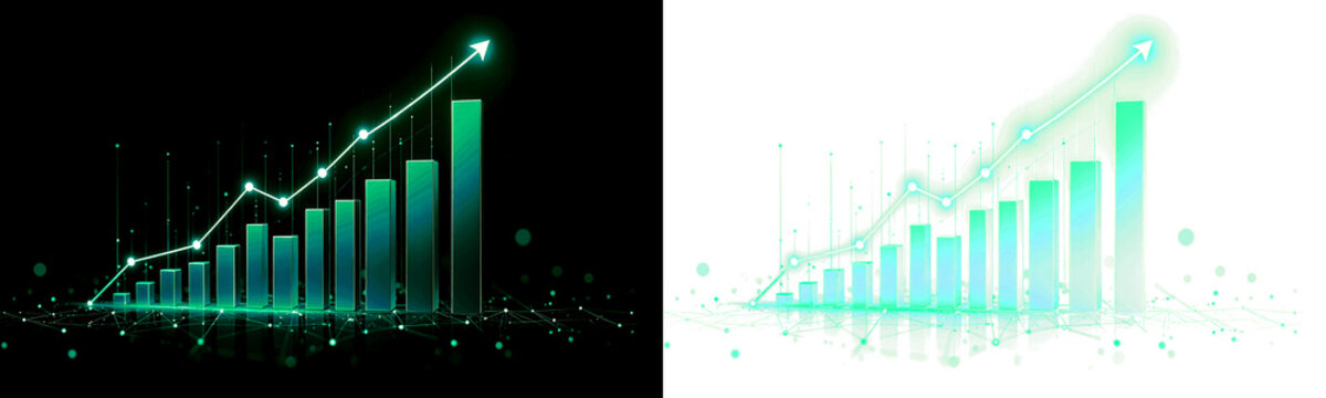Glowing green 3D financial growth bar chart with upward arrow on transparent PNG background. Perfect for business stats, finance overlay, and trading presentations.