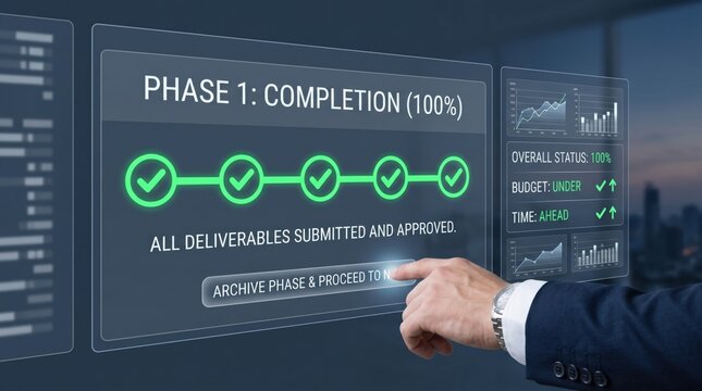 Businessman touching virtual screen showing phase completion status, project management dashboard, success metrics, budget and time tracking, corporate strategy planning