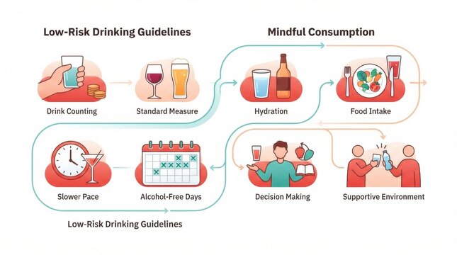 A guide presents low-risk drinking guidelines and mindful consumption strategies for healthy living and harm reduction in a supportive environment.