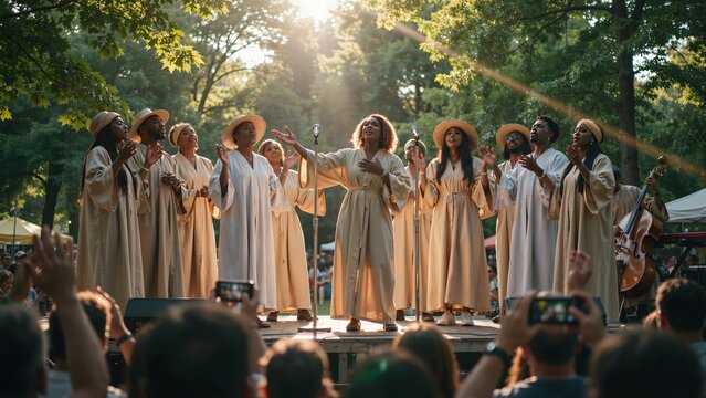 Female choir singers performing outdoors in natural park setting during daytime
