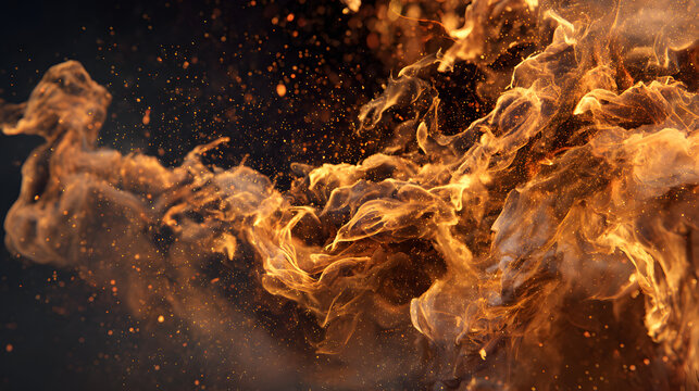 Fiery orange flames swirling with glowing particles against a dark abstract background texture with dynamic explosion golden swirling smoke filled