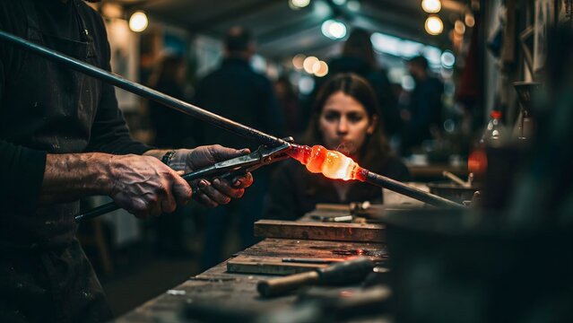 Artisanal glassblowing workshop with molten glass and focused craftsman
