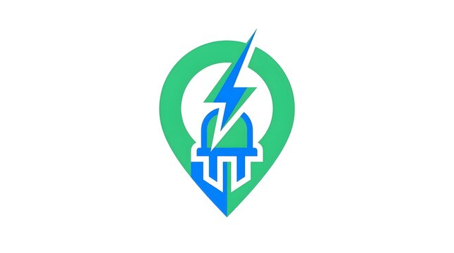 Modern charging station location pin logo design with electric plug and lightning bolt icon