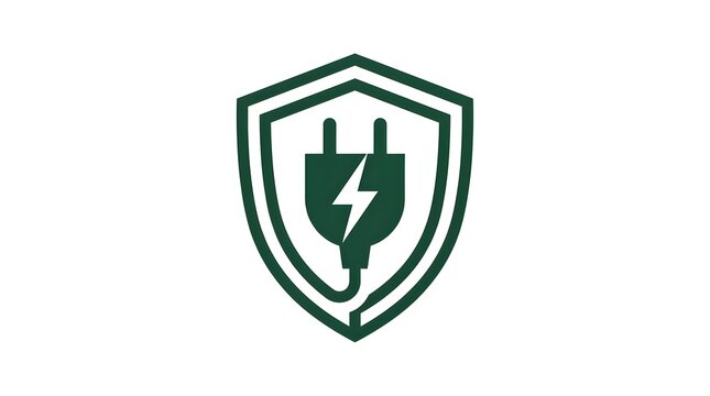 Green shield icon with electrical plug and lightning bolt symbol representing energy security and sustainability