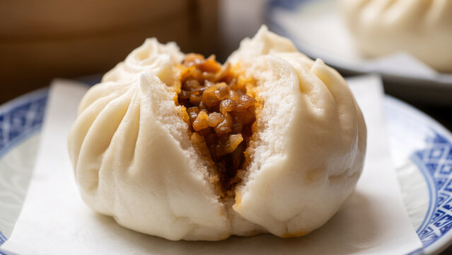 Soft char siu bao split open, revealing savory pork filling. Hong Kong Dim Sum ,Bun