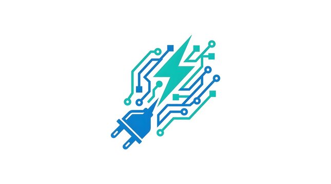 Abstract Digital Electric Power Logo Symbol with Circuit Board Patterns and Power Plug