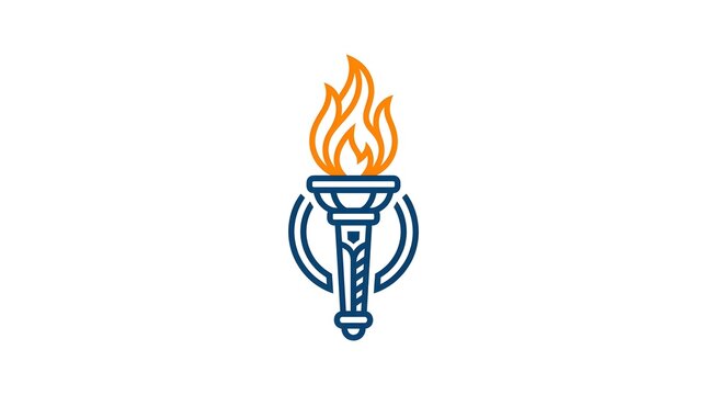 Minimalist linear torch logo icon with orange flame and blue handle isolated on white background