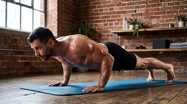 Muscular athletic man doing push-ups on a yoga mat during a fitness workout in a brick wall loft gym
