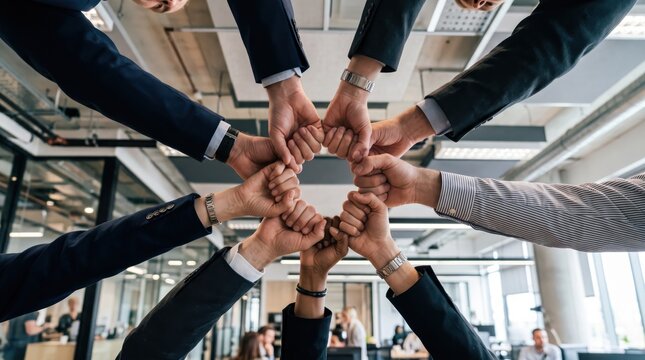 Business team hands stacked together in unity gesture, symbolizing collaboration, partnership, success, teamwork, trust and shared goals in professional environment
