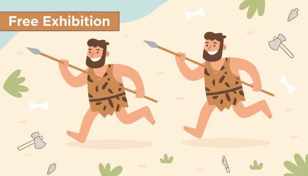 Free exhibition advertisement banner showing two cartoon cavemen running with spears on a sandy ground with stone tools.