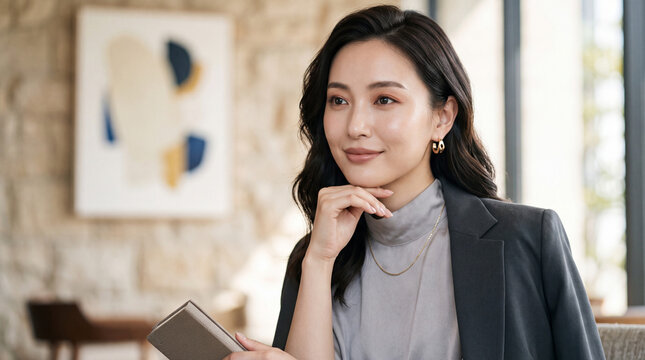 A poised young woman in a stylish gray blazer, thoughtfully holding a notebook while contemplating in a modern, light-filled room