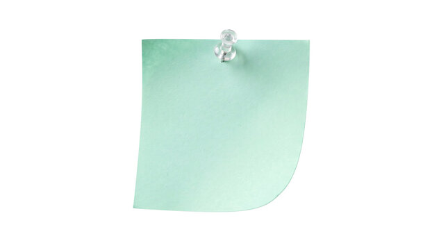 Blank light green sticky note attached with a clear plastic push pin on white background