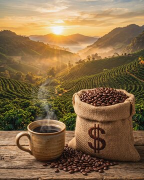 Coffee mug and burlap sack with dollar sign on rustic table overlooking plantation.