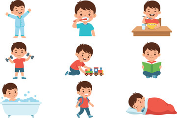 Fototapeta premium Cute Boy Daily Routine Activity Vector Character Set with Brushing Teeth Eating Breakfast Playing Reading Studying Bathing and Sleeping Illustration Elements