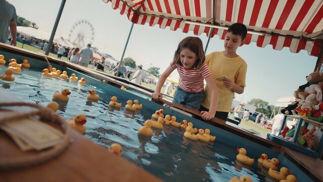 Two children playing with rubber duck toys in a carnival game booth at fair