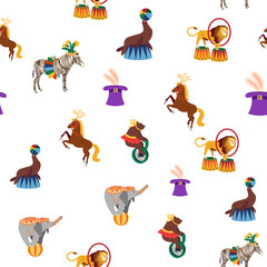 Obraz premium Seamless pattern with CIRCUS theme. lions, magic hat, hare in hat, holiday balloons tents. Circus characters. Cartoon flat style