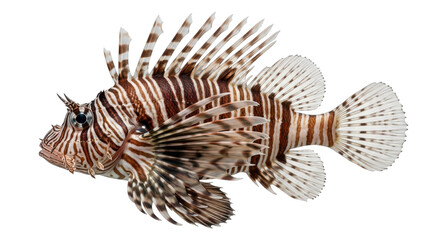 Obraz premium Devil firefish with striped fins and detailed scales side view on transparent background fish lionfish scorpionfish