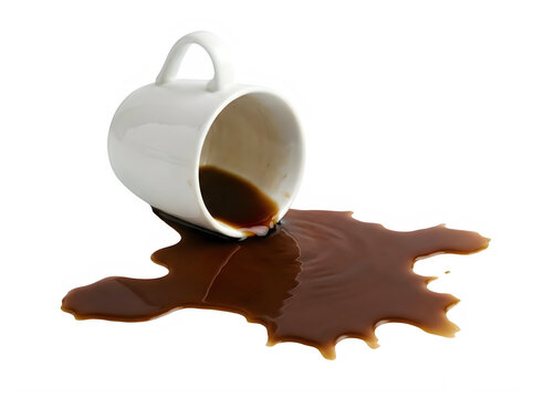 A white ceramic coffee cup tipped over with black coffee spilling and creating a large messy puddle isolated on transparent background