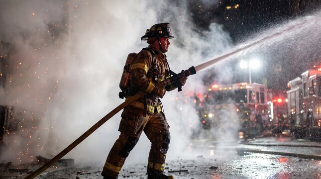 Brave Firefighter in Full Gear Spraying Water at Emergency Scene