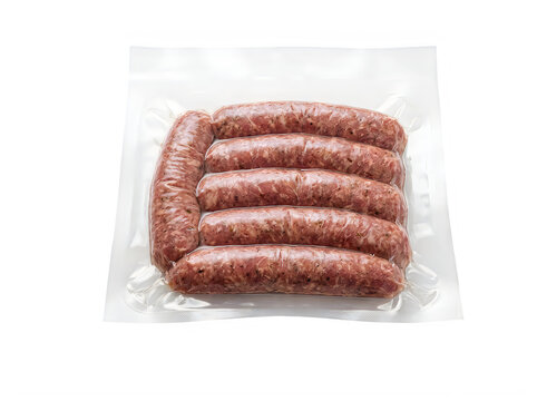 Raw pork sausages packed in clear plastic vacuum seal for fresh food retail and cooking isolated on transparent background