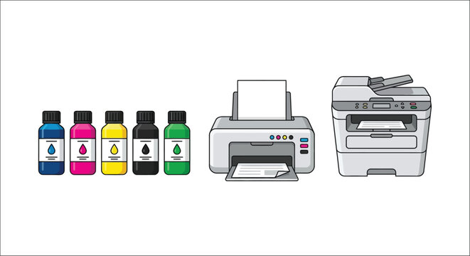 Ink bottles and printer illustration a flat vector depiction on a white background cyan magenta yellow black machine office