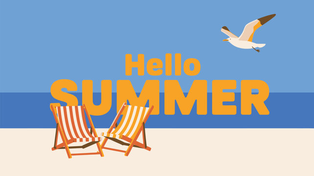 Colorful summer beach chairs with retro pixel bird flying