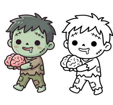Cute Halloween Zombie Boy Holding Brain Vector - Color and Line Art Coloring Page Set