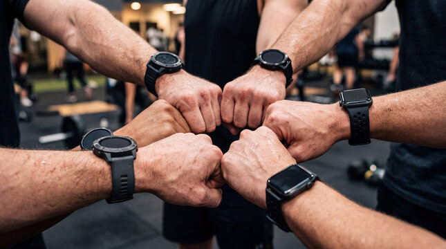 Close-up of a diverse team of fitness partners stacking their fists together, wearing smartwatches in a modern gym.
