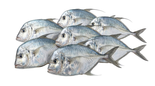 Seven fresh atlantic moonfish arranged in a pile on transparent background pomatomus saltatrix bluefish silver fish