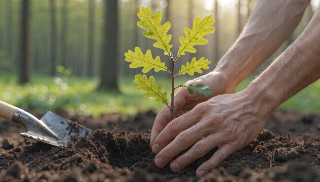 Hands Planting Young Oak Sapling in Forest During Early Spring