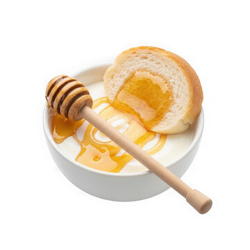 Fresh honey with wooden dipper and a slice of bread in bowl