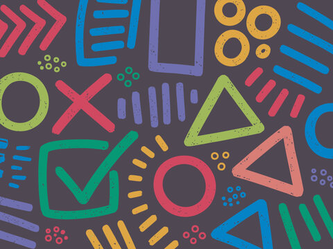 Colorful geometric shapes and abstract hand drawn patterns featuring vibrant circles triangles and lines created in a playful memphis style vector graphic design element presented here isolated on tra