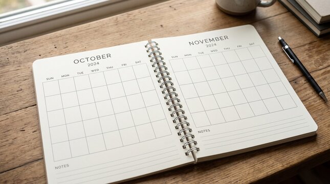 Open spiral bound blank calendar planner showing October and November 2024 months on a rustic wooden desk with a black pen and notebook, peaceful workspace, professional organization, top-down view