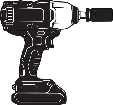 Black silhouette of an impact wrench, powerful cordless power tool with socket, vector illustration isolated on grid background.