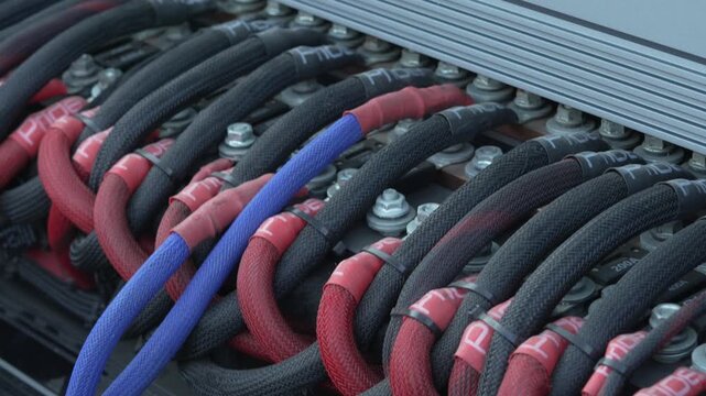 Close-up of heavy duty car audio amplifier power cables.