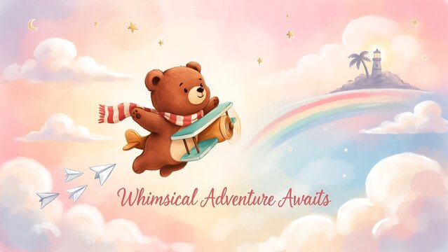 Cute cartoon teddy bear flying with parachute over rainbow and clouds in whimsical adventure scene