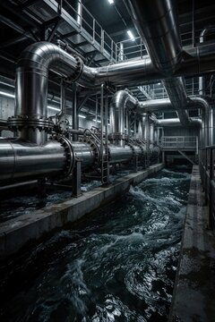 Industrial pipes channel flowing water through purification plant. Heavy machinery and metal structures inside a modern factory for water treatment processing.