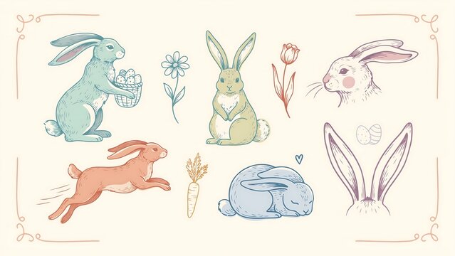 Colorful watercolor style illustrations of rabbits in various playful and cute poses with Easter elements