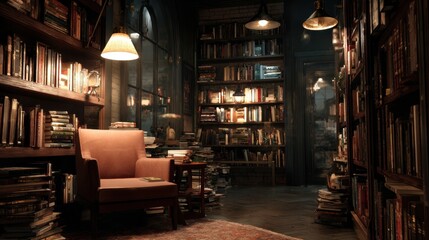 Naklejka premium Cozy armchair in a dimly lit library filled with antique books and warm lamps