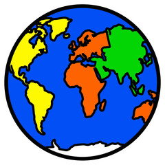 Fototapeta premium Colorful illustrated earth globe icon showing world map continents