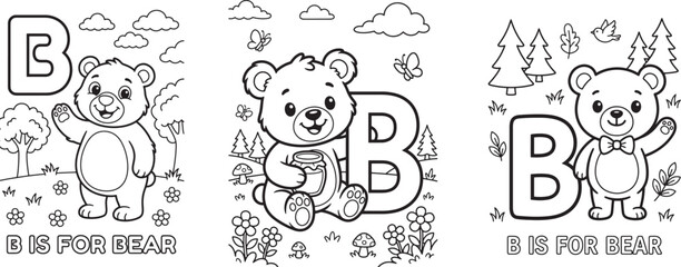 Fototapeta premium Adorable Black-and-White Line Art Educational Triptych Featuring Charming Bears Celebrating the Letter B in a Whimsical Forest Setting
