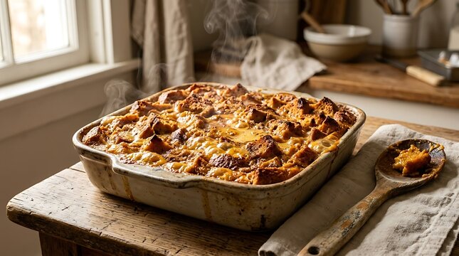 Freshly baked bread pudding in a ceramic baking dish sitting on a rustic wooden table in the kitchen. pumpkin bread pudding