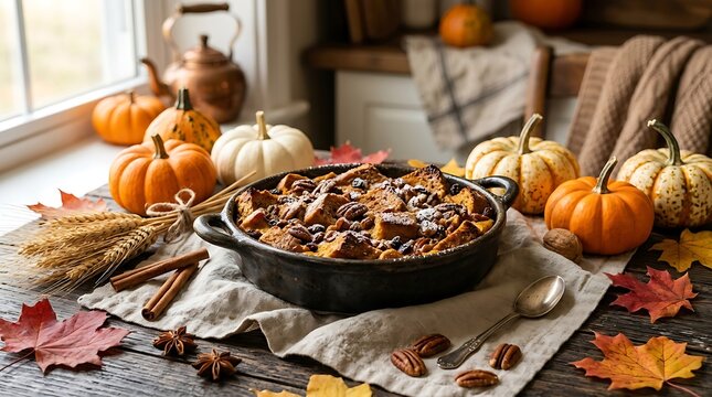 Freshly baked pumpkin bread pudding in a black baking dish surrounded by autumn harvest decorations. pumpkin bread pudding