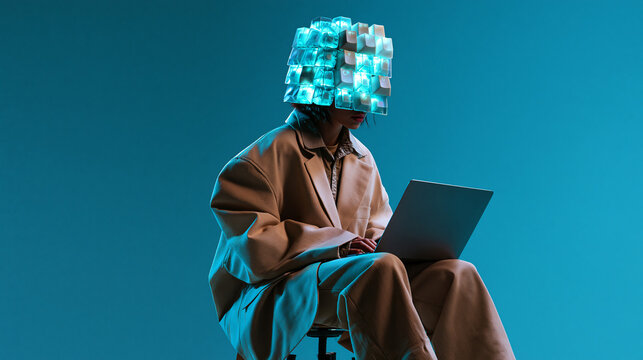 Person Wearing Digital Head Interface Using Laptop